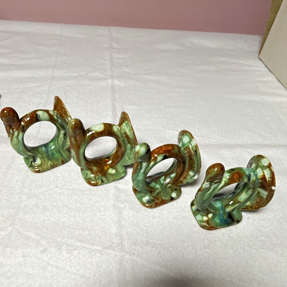 Set of 4 Ceramic Napkin Rings Glossy Green & Brown Marbled Abstract